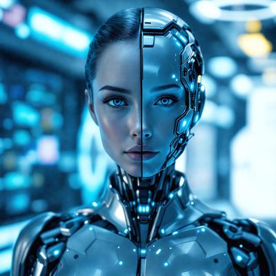 The primary subject of the image is a woman with a futuristic, cyberpunk appearance. She is wearing a silver, metallic outfit and has a distinctive, otherworldly look. The setting is a futuristic environment, possibly a space station or a high-tech facility. The visual style of the image is a combination of photo and digital art, creating a unique and captivating scene. The colors and mood of the image are predominantly silver and blue, giving it a sleek and